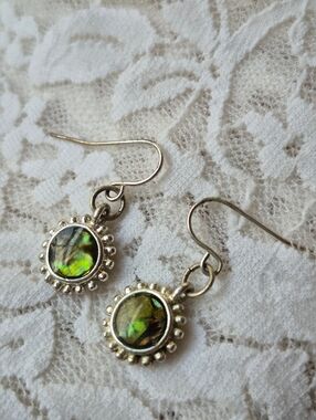 Green Abalone(?) Drop Earrings - Silver Tone